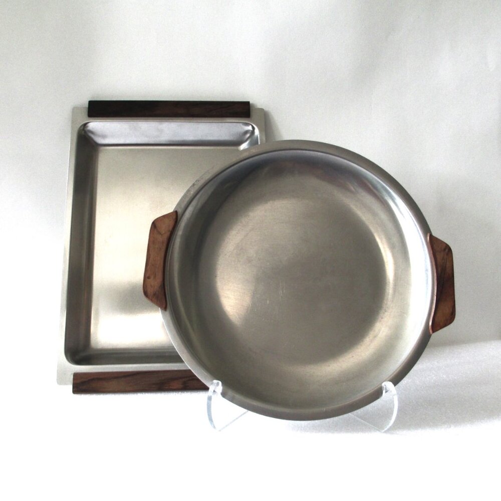 2 MCM DANISH STAINLESS + TEAK TRAYS